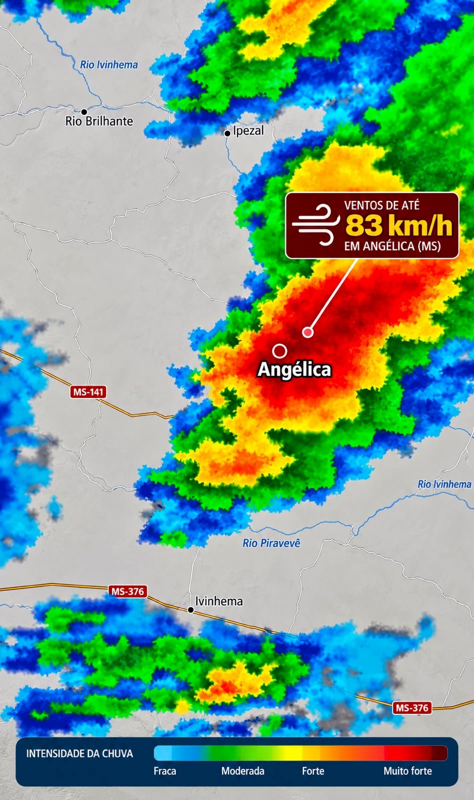 Angélica: Estação meteorológica registra ventos de 83,2 km/h e chuva de 32,6 mm em uma hora
